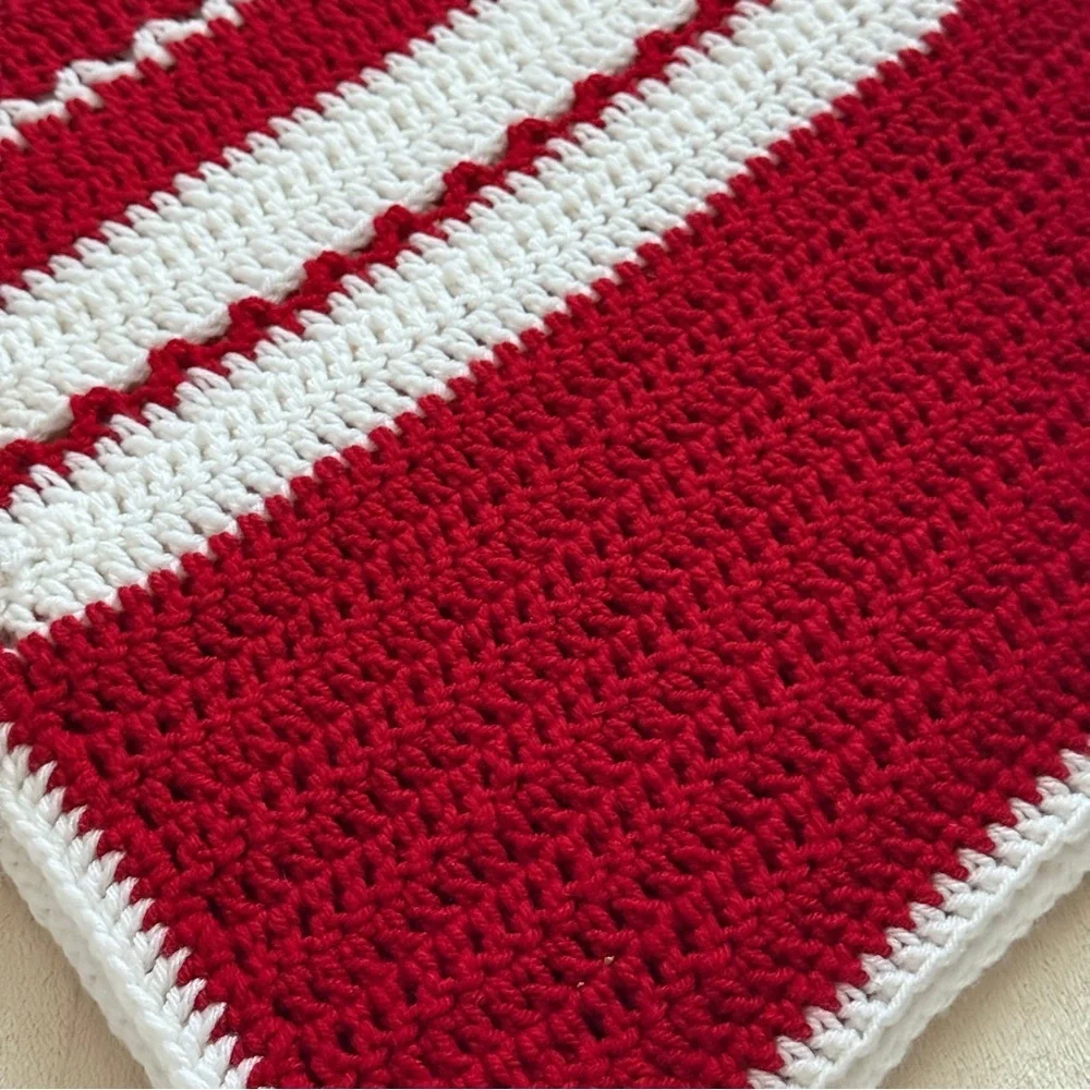Red and White Striped Pattern Crochet Throw